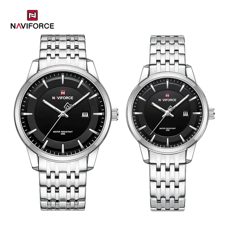 Naviforce Silver & Black Couple Watch